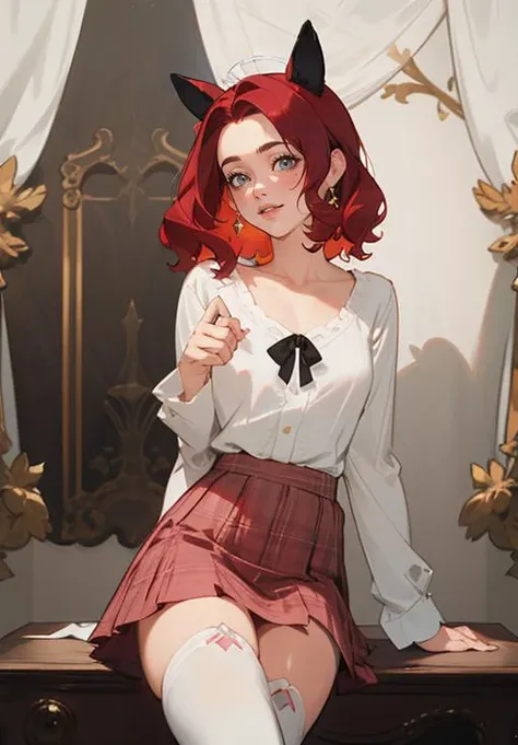 (masterpiece, best quality, ultra-detailed, best shadow), (detailed background,dark fantasy), (beautiful detailed face), (best illumination, an extremely delicate and beautiful), ((cinematic light)), colorful, hyper detail, dramatic light, intricate details, (depth) of (field), <lora:PonnieCatCat:0.3> ponnie, red_hair, short_hair, wavy_hair, forehead, side_part_hair, lips, fake_animal_ears, grey_eyes, collarbones, 1ear, plaid_skirt, pink_skirt, thigh_highs, white_shirt, indoors, <lora:animetarotV51:0.8>, luxurious, <lora:st-fs_v1.1:0.5>, grin, touching_lips