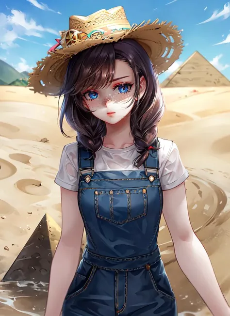 ((best quality)), ((highly detailed)), absurdres, (detailed eyes, deep eyes), (1girl), <lora:slim_tall-plump_short:.5>, dynamic pose, upper body, <lora:hairdetailer:.8>, country girl, long hair, low twin braids, freckles, muscular, cowboy hat, overalls, plaid shirt, on a farm, (outdoors, at a desert, sand, pyramid, midday), <lora:Vardan_style_v01:1>
