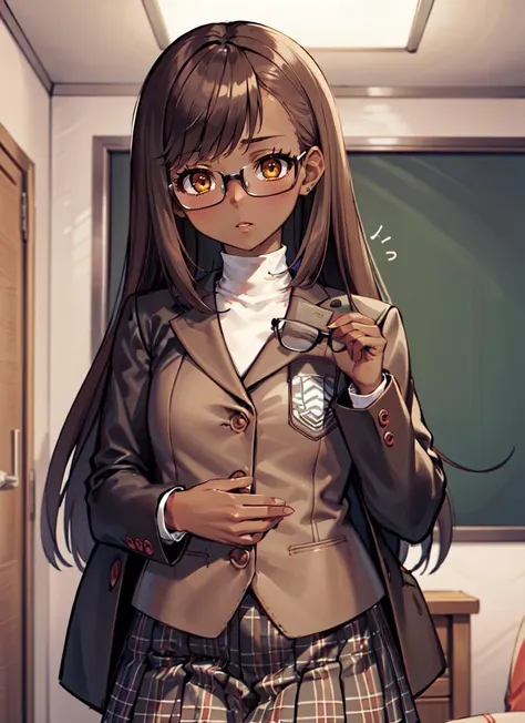 ((best quality)), ((highly detailed)), masterpiece, , (1girl), (glasses), <lora:slim_tall-plump_short:1>, cowboy shot, wide shot, <lora:ShuujinAcademySchoolUniform:1>, GirlUniform, shuujin academy school uniform, black jacket, plaid skirt, ((dark skin, dark-skinned female, ebony)):1.2, dark brown hair, long hair, amber yellow eyes, (inside, in a living room)