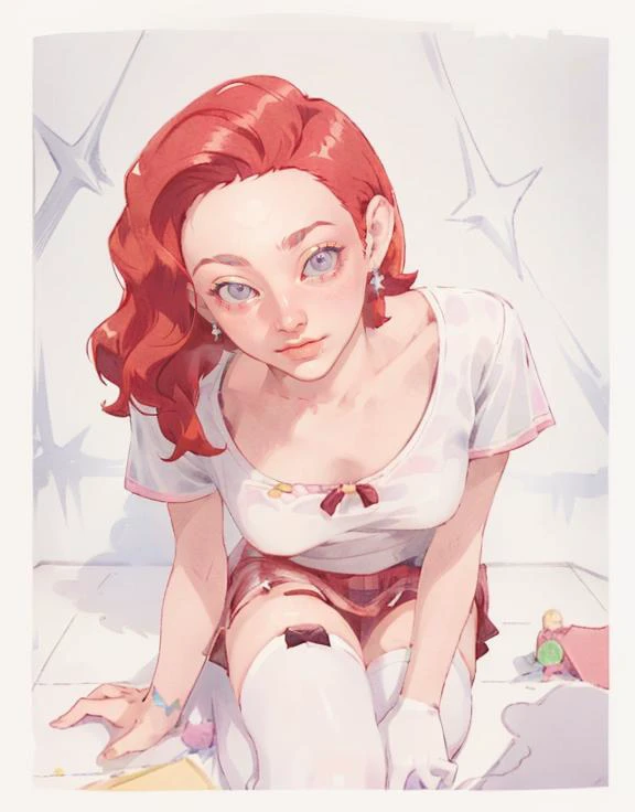 (masterpiece, best quality, ultra-detailed, best shadow), (detailed background,dark fantasy), (beautiful detailed face), (best illumination, an extremely delicate and beautiful), ((cinematic light)), colorful, hyper detail, dramatic light, intricate details, (depth) of (field), <lora:illustration_15_v3:0.7>, detailed background,
<lora:PonnieCatCat:0.5> ponnie, red_hair, short_hair, wavy_hair, forehead, side_part_hair, lips, grey_eyes, collarbones, 1ear,<lora:st-fs_v1.1:0.5>,
plaid_skirt, pink_skirt, thigh_highs, white_shirt,
<lora:pastel pink core:0.8> pastel pink baby
