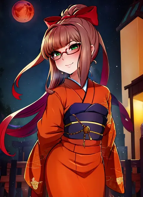 ((best quality)), ((highly detailed)), detailed face, beautiful face, , (1girl), (glasses), <lora:slim_tall-plump_short:1.25>, wariza, <lora:ddlc-10:1>, Monika, (green eyes), brown hair, bangs, very long hair, long hair, ponytail, sidelocks, hair bow, white bow, smile, <lora:kimonoClothes_v10:1>, , furisode, obi, sash, neck bell,<lora:bodychainConcept_1:.9>, chain, leaning forward, arms behind back, sunset, (outside, in a church, night, night sky, stars, blood moon, shooting star, telescope), <lora:Merunyaa_Style_Dim32:.8>