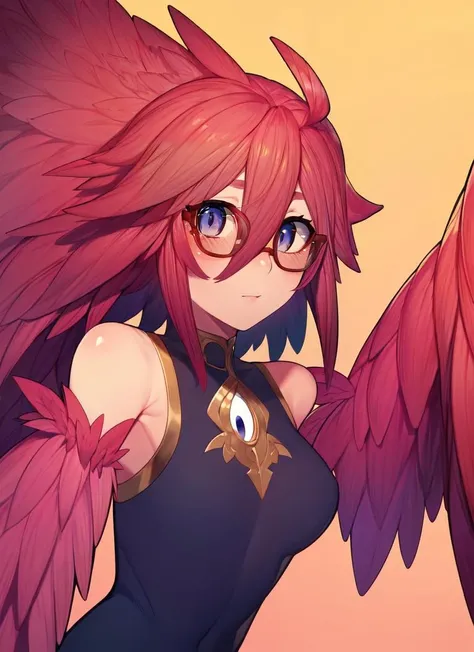 ((best quality)), ((highly detailed)), masterpiece, absurdres, detailed face, beautiful face, (detailed eyes, deep eyes), (1girl), (glasses), <lora:slim_tall-plump_short:.5>, upper body, <lora:hairdetailer:1>, <lora:aiomonstergirls_loraLocon:.8>, <lora:animeHarpy_v10:1>, (harpy), feathers, talons, wings, (at an appartment, dawn, sunrise), <lora:Casual_Anime_Style_V2:.75>, AGGA_ST009