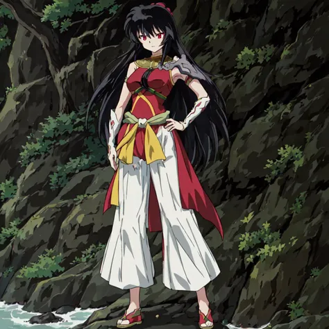 <lora:Abi_Hime-10:1>outdoor, forest, Masterpeace,high quality,Abi_Hime, 1girl, solo, long hair, black hair, red eyes, single shoulder armor,white pants, standing, full body, hand on hip