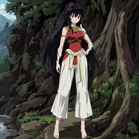 <lora:Abi_Hime-10:1>outdoor, forest, Masterpeace,high quality,Abi_Hime, 1girl, solo, long hair, black hair, red eyes, single shoulder armor,white pants, barefoot, standing, full body, hand on hip