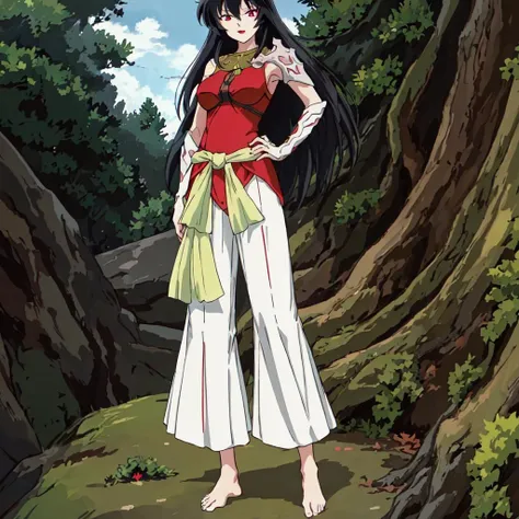 <lora:Abi_Hime-10:1>outdoor, forest, Masterpeace,high quality,Abi_Hime, 1girl, solo, long hair, black hair, red eyes, single shoulder armor, white pants, barefoot, red lips, lipstick, standing, full body, hand on hip