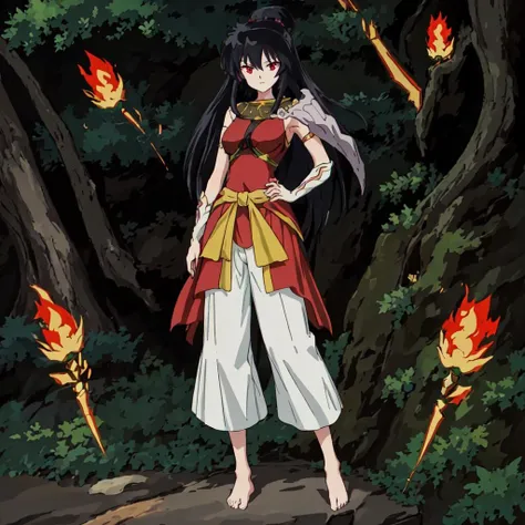 <lora:Abi_Hime-10:1>outdoor, forest, Masterpeace,high quality,Abi_Hime, 1girl, solo, long hair, black hair, red eyes, single shoulder armor,white pants, barefoot, single hair bun, standing, full body, hand on hip