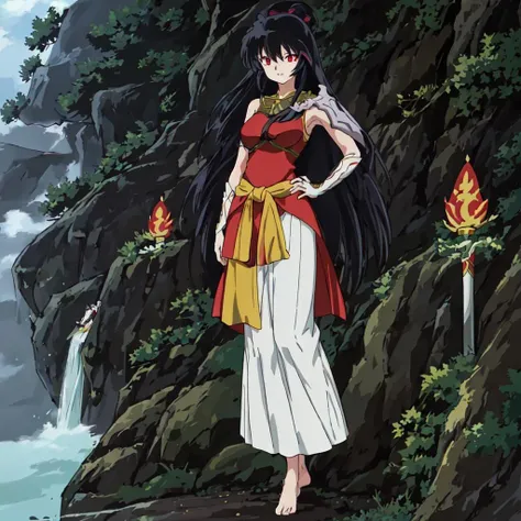 <lora:Abi_Hime-10:1>outdoor, forest, Masterpeace,high quality,Abi_Hime, 1girl, solo, long hair, black hair, red eyes, single shoulder armor,white pants, barefoot, single bun, standing, full body, hand on hip