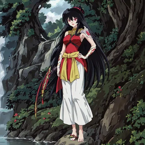 <lora:Abi_Hime-10:1>outdoor, forest, Masterpeace,high quality,Abi_Hime, 1girl, solo, long hair, black hair, red eyes, single shoulder armor, white pants, barefoot, red lips, lipstick, standing, full body, hand on hip