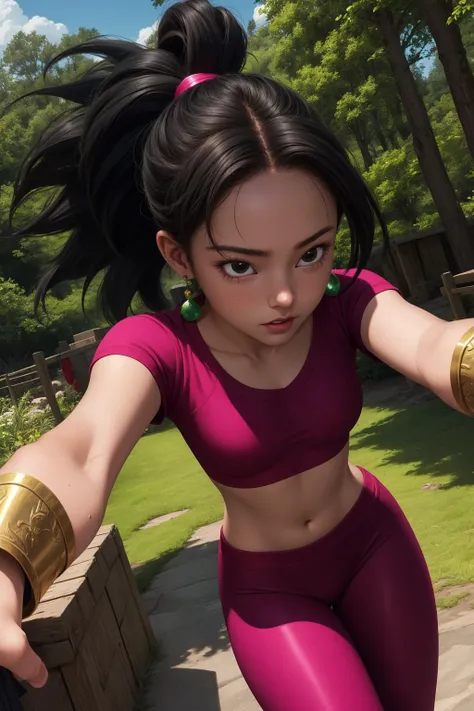 kefla, 1girl, solo, black hair, black eyes, super saiyan, spiked hair, ponytail, green earrings,
midriff, pink top, short sleeves, crop top, short sleeves, purple pants, gold vambraces, skin tight,
forest,outdoor,
(insanely detailed, beautiful detailed face, masterpiece, best quality) cinematic lighting,<lora:DBS_Kefla_v2:1>, <lora:more_details:0.3>,