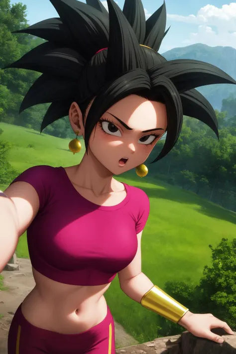 kefla, 1girl, solo, black hair, black eyes, super saiyan, spiked hair, ponytail, green earrings,
midriff, pink top, short sleeves, crop top, short sleeves, purple pants, gold vambraces, skin tight,
smile,closed mouth,
forest,outdoor,
(insanely detailed, beautiful detailed face, masterpiece, best quality) cinematic lighting,<lora:DBS_Kefla_v2:1>, <lora:more_details:0.3>,