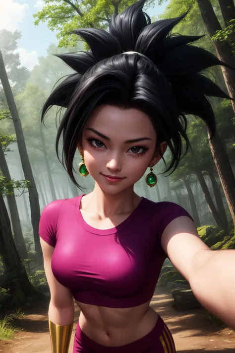 kefla, 1girl, solo, black hair, black eyes, super saiyan, spiked hair, ponytail, green earrings,
midriff, pink top, short sleeves, crop top, short sleeves, purple pants, gold vambraces, skin tight,
smile,closed mouth,cowboy shot,
forest,outdoor,
(insanely detailed, beautiful detailed face, masterpiece, best quality) cinematic lighting,<lora:DBS_Kefla_v2:1>, <lora:more_details:0.3>,