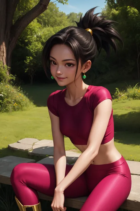 kefla, 1girl, solo, black hair, black eyes, super saiyan, spiked hair, ponytail, green earrings,
midriff, pink top, short sleeves, crop top, short sleeves, purple pants, gold vambraces, skin tight, gold boots,
smile,closed mouth,cowboy shot, sitting,
forest,outdoor,
(insanely detailed, beautiful detailed face, masterpiece, best quality) cinematic lighting,<lora:DBS_Kefla_v2:1>, <lora:more_details:0.3>,