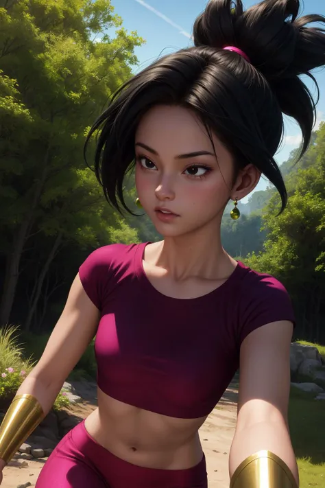 kefla, 1girl, solo, black hair, black eyes, super saiyan, spiked hair, ponytail, green earrings,
midriff, pink top, short sleeves, crop top, short sleeves, purple pants, gold vambraces, skin tight,
forest,outdoor,
(insanely detailed, beautiful detailed face, masterpiece, best quality) cinematic lighting,<lora:DBS_Kefla_v2:1>, <lora:more_details:0.3>,