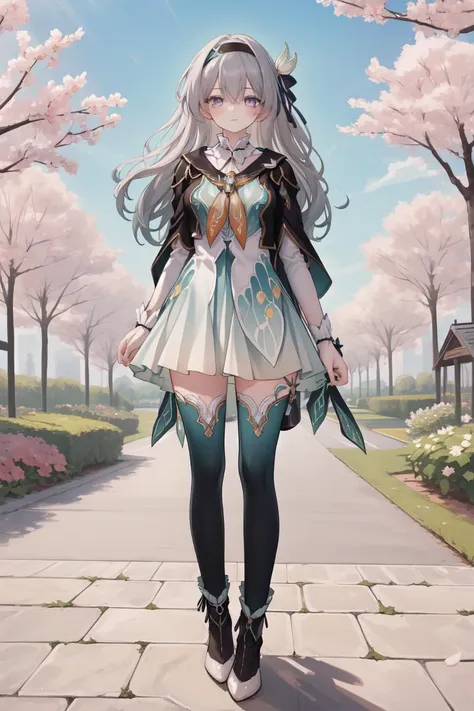 masterpiece,best quality,highres,ultra-detailed,(facing_viewer:1.1),solo,1girl,small breasts,standing,outdoors,garden,cherry blossom,trees,full body,firefly,black hairband,long hair,grey hair,jacket,orange neckerchief,thighhighs,