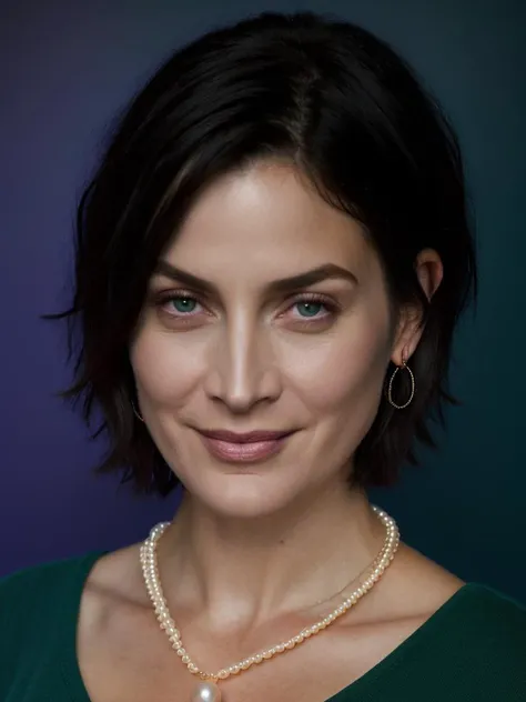 Realistic photo of a beautiful c4rr134 woman,1girl,solo,breasts,looking at viewer,smile,short hair,simple background,black hair,jewelry,green eyes,short sleeves,necklace,lips,see-through,purple background,realistic,pearl necklace,realistic,soft lighting, professional Photography, Photorealistic, detailed, RAW, analog, sharp focus, 8k, HD, high quality, masterpiece<lora:c4rr134:1.0>