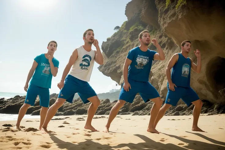 A group of 20yo man dg_ShiaLabeouf,dancing,wearing t-shirt and swim trunks,beach,cinematic,((full sharp, highly detailed skin)),
<lora:dg_ShiaLabeouf-06:0.6>,