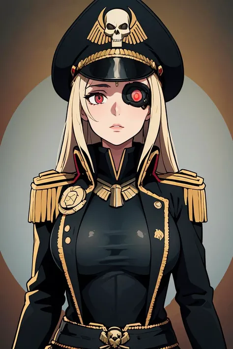 (masterpiece, best quality), 1girl, <lora:edgWar40kCommissarv1:0.8> edgCommissar, millitary uniform, epaulettes , ((artificial eye)), skull emblem, hat, wearing edgCommissar