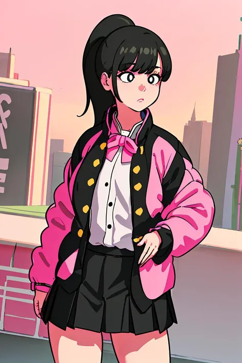 (masterpiece, best quality), 1girl, <lora:yoru mac girlfriend-lora-nochekaiser:1> yoru mac girlfriend, bangs, black hair, ponytail, sidelocks, (black eyes:1.2), (bright pupils:1.5), jacket, (pink jacket:1.5), skirt, shirt, bow, school uniform, white shirt, pleated skirt, bowtie, black skirt, black footwear, kneehighs,