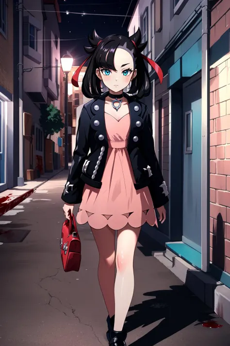 (masterpiece, best quality), intricate details,
1girl, <lora:Marnie_Pokemon_Dim32:0.8> Marnie_Pokemon, aqua eyes, black choker, red ribbon, jewelry, pink dress, black jacket, open clothes, long sleeves,
(night:1.4), city, (alley:1.2), (blood:1.1), dark, shadows,