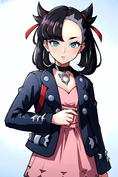 (masterpiece, best quality),  intricate details,
1girl,   <lora:Marnie_Pokemon_Dim32:0.8> Marnie_Pokemon, aqua eyes, black choker, red ribbon,  jewelry, pink dress, black jacket, open clothes, long sleeves,