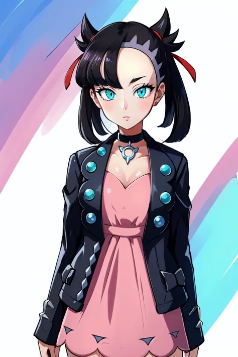 (masterpiece, best quality), intricate details,
1girl, <lora:Marnie_Pokemon_Dim32:0.8> Marnie_Pokemon, aqua eyes, black choker, red ribbon, jewelry, pink dress, black jacket, open clothes, long sleeves,
<lora:SlitPupils:0.8> IncrsSlitPupil, slit pupils