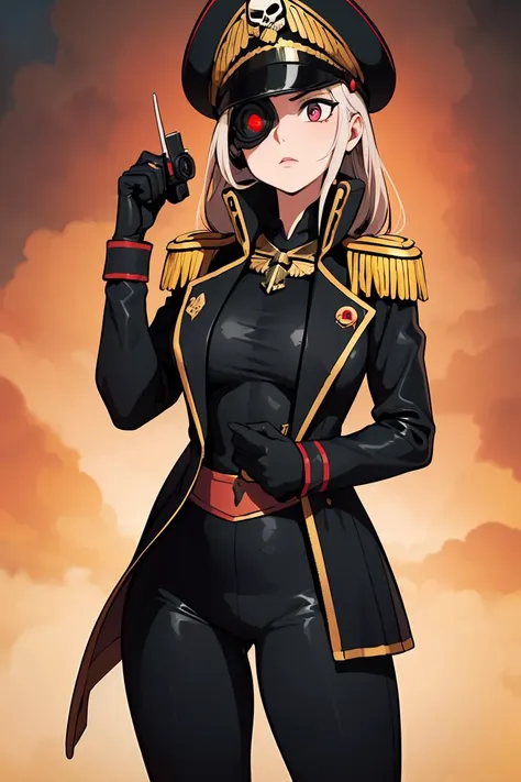 (masterpiece, best quality), 1girl, <lora:edgWar40kCommissarv1:0.8> edgCommissar, millitary uniform, epaulettes , ((artificial eye)), skull emblem, hat, wearing edgCommissar