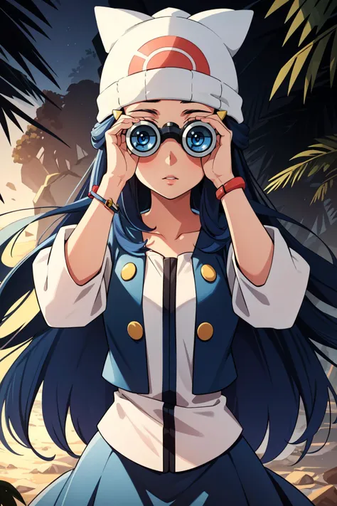 (masterpiece, best quality),  intricate details,
1girl,    <lora:dawn_v2:0.8> dawn pokemon, long hair,  dark blue hair, beanie, hairpin
outdoors, jungle, looking through binoculars,