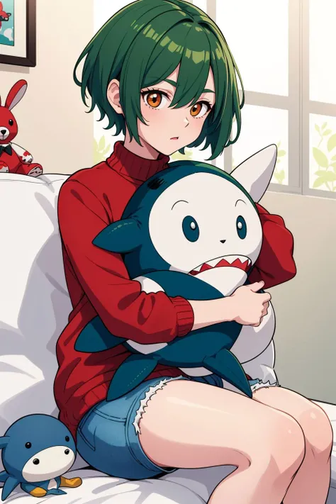 1girl,green hair,short hair,sweater,red shirt,shorts,denim shorts,sitting,object hug,holding stuffed toy,stuffed animal,stuffed bunny,stuffed cat,stuffed penguin,stuffed shark,stuffed toy,teddy bear,toy,