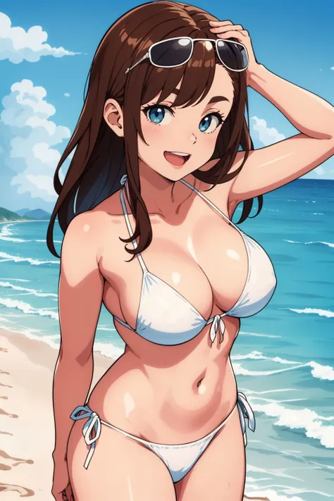 1girl,solo,swimsuit,bikini,sunglasses,eyewear on head,white bikini,side-tie bikini,smile,breasts,open mouth,medium breasts,cleavage,brown hair,long hair,navel,cowboy shot,horizon,ocean,outdoors,sand,cloud,beach,sky,day,blue sky,water,