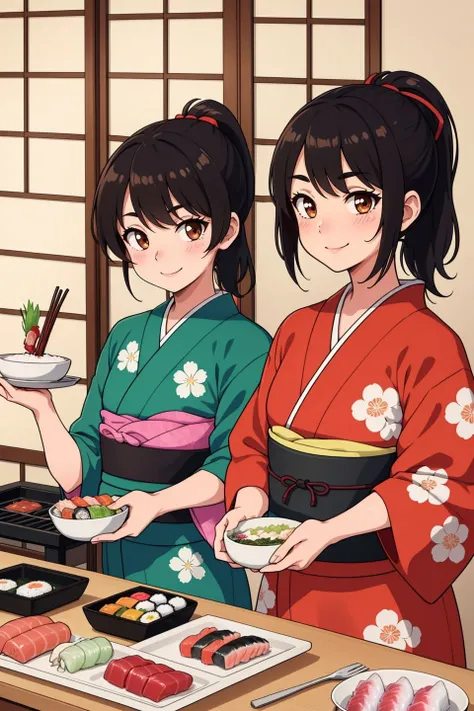 2girls,multiple girls,black hair,brown eyes,ponytail,short hair,eyebrows visible through hair,blush,smile,floral print,japanese clothes,kimono,kappougi,food,bento,cooking,tray,plate,pot,dish,bowl,green tea,yunomi,rice,fish,sashimi,sushi,skewer,grill,stove,restaurant,table,sliding doors,