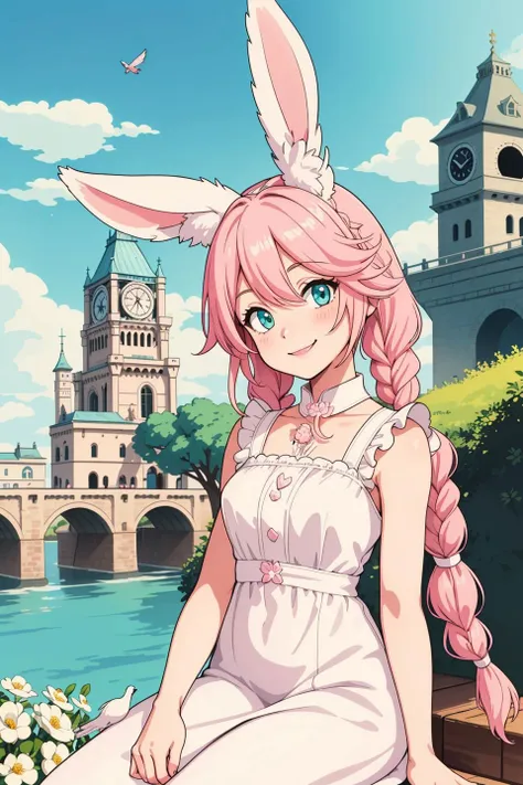 1girl,cowboy shot,animal,animal ears,rabbit ears,aqua eyes,pink hair,long hair,twin braids,smile,sitting,braid,white dress,bird,dove,dress,clock,outdoors,pagoda,sky,day,cloud,architecture,castle,building,stairs,tower,bridge,tree,flower,