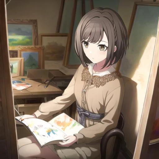 1 girl, short brown hair, brown eyes, masterpiece, best quality, sitting in an artroom, painting, masterpiece, best quality,