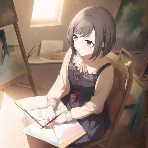 1 girl, short brown hair, brown eyes, masterpiece, best quality, sitting in an artroom, painting, masterpiece, best quality,