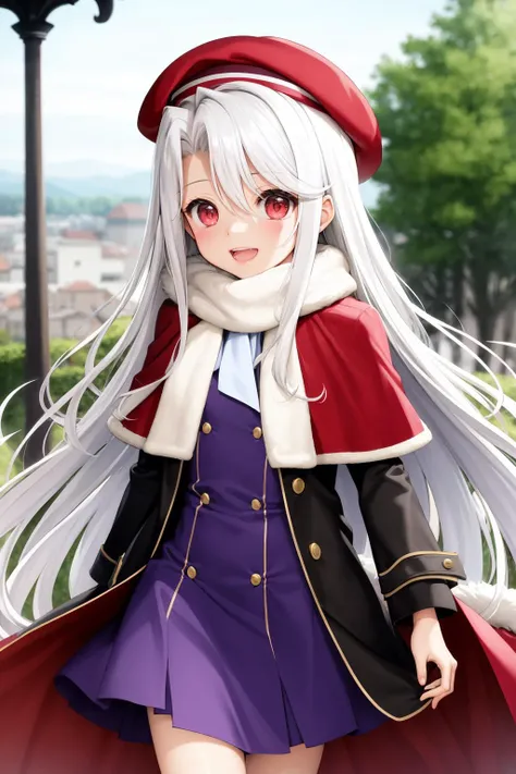 (best quality), (masterpiece), (ultra detailed), (highres), production art,
1girl, solo, illyasviel von einzbern, papakha, long hair, purple headwear, hat, red eyes, white hair, fur hat, smile, looking at viewer, long sleeves, bangs, purple capelet, capelet, open mouth, white scarf, blurry, coat, purple coat, scarf, dress, blurry background, floating hair <lora:SilvermoonMix01_V73:1>