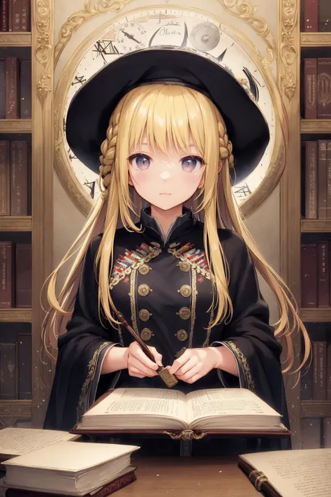masterpiece, best quality, masterpiece,best quality,watercolor-painting,watercolor-paper,2020s_(style),extremely detailed CG unity 8k wallpaper,ultra-detailed, best illustration, detailed light, over exposure,an extremely delicate and beautiful,solo,1 girl close up,a girl looking at viewer,shiny,beautiful detailed eyes,round eyes,messy floating hair, small breasts,Shiny-messy-hair, extremely detailed background,depth of field,dynamic composition,cinematic-lighting,ink painting-background, fantasy,in-the-library,magic circle,bookshelfs,many books,long coat with fringe,European,scolar,10-years-old,black robe with embroidery,hat with embroidery,boots,long skirt,gorgeous fringe,thin-metal-decorations,antique,blonde-hair,daytime,vintage color,french braid,magic books,tower of books,floating many books,clock,long hair,detailed clothes,100-layer-dress, parted bangs, <lora:SilvermoonMix01V1.1:1>