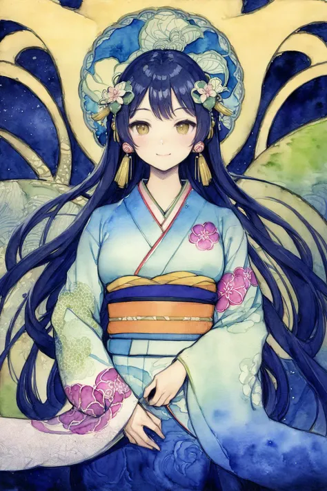 absurdres, highres, ultra detailed, (masterpiece),
drawing, (pale hues smeared watercolor:1.3), (Guanyin Bodhisattva),(yumeji:1.5), high contrast, (primary color, colorful:1.8), manga influence,
(worn out kimono:1.3), face the front, (medium shot:1.1), (looking at viewer:1.2), happy smail ,(very cute 1girl:1.3),
BREAK,
(background art nouveau,) flowing lines, organic shapes, intricate patterns, decorative designs, elegant forms, (paradise:1.1), <lora:SilvermoonMix01V1.1:1>