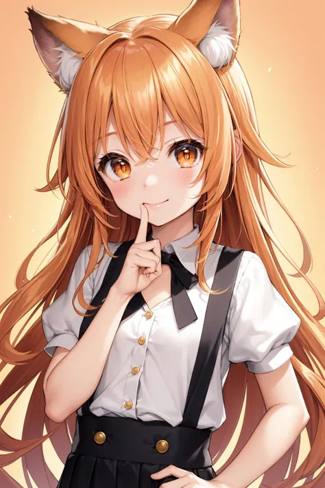 Orange background, Orange theme,Warm lighting,Golden hour,Fan Qi, anime art, a manga drawing, furry art,1 girl,cute girl,kawaii,(solo:1.3),(maiden:1.2),:t,smile,deyui,animal ear fluff,(finger to mouth,index_finger_raised,ð¤«,shushing:1.4,petite girl),hand on hips,Orange eyes,(upper body),Orange hair ,messy hair, wavy hair,(hair tucking),hai between eyes, long bangs,absurdly long hair,pale skin, sick skin,(chest out:1.2),short_sleeves, suspender skirt, hair bow,white_shirt,shirt, skirt, puffy sleeves, blush, bangs, puffy short sleeves, <lora:SilvermoonMix01_V71:1>