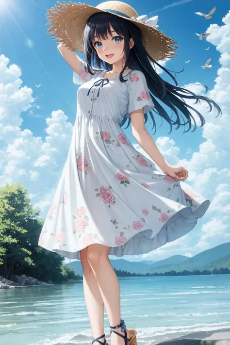 Delicate Composition, hyper detailed, best quality,
1girl, hat, solo, outdoors, black hair, dress, sky, smile, cloud, open mouth, water, day, straw hat, :d, blue eyes, floral print, short sleeves, looking at viewer, shirt, bird, standing, blue sky, white shirt, holding, arm up, blush, print dress, bangs, flower, sun hat, sandals, cloudy sky, wading, long hair, hand on headwear<lora:SilvermoonMix01_V71:1>