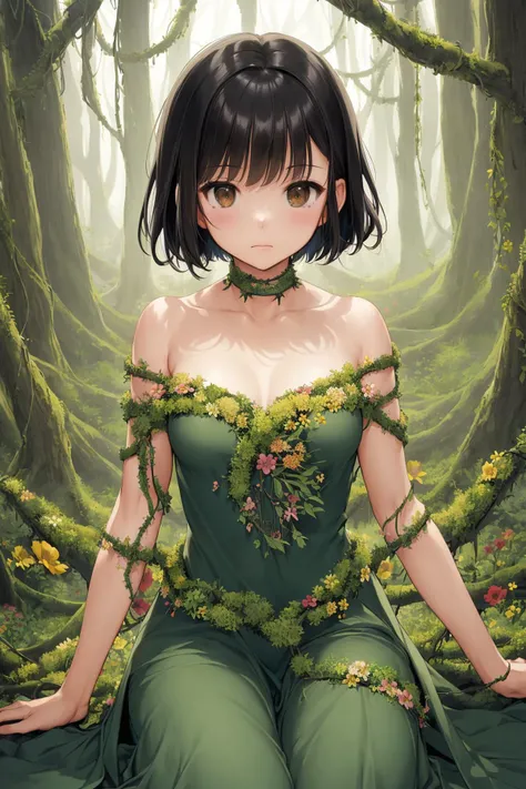 (best quality, masterpiece), (1girl, solo, brown eyes, black hair, short curved bob, small breasts),wariza,
(enchanting forest mage dressed in a gown made of intertwining vines and blooming flowers), (despair:1.3),
(limited pallete),(perfect composition),(heavy Monochrome:0.9),<lora:SilvermoonMix01V1.1:1>