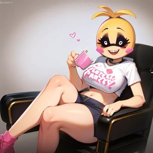 <lora:toy_chica:0.8>, toy chica, detailed background, sitting on chair, drinking tea, in cafe, solo, 1girl, heart, food, breasts, smile, underwear, blush stickers, panties, yellow skin, personification, teeth, symbol-shaped pupils, pink panties, heart-shaped pupils, large breasts, clothes writing, colored skin, joints, sharp teeth, masterpiece, best quality
