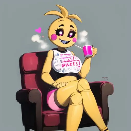 <lora:toy_chica:1>, toy chica, (detailed background), sitting on chair, drinking tea, in cafe, solo, heart, food, breasts, smile, underwear, blush stickers, panties,yellow skin, personification, teeth, symbol-shaped pupils, pink panties, heart-shaped pupils, large breasts, clothes writing, colored skin, joints, sharp teeth, masterpiece, best quality