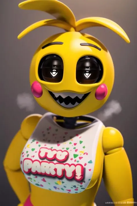 <lora:toy_chica:1>,toy chica,masterpiece,best quality,solo,1girl,heart,food,breasts,blush stickers,yellow skin,personification,teeth,symbol-shaped pupils,heart-shaped pupils,medium breasts,colored skin,looking at viewer,joints,sharp teeth,