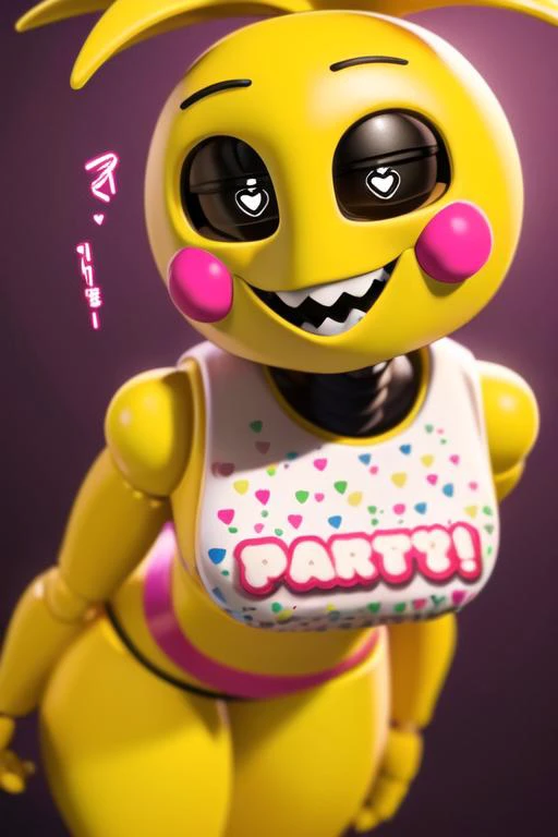 <lora:toy_chica:1>,toy chica,masterpiece,best quality,solo,1girl,heart,food,breasts,blush stickers,yellow skin,personification,teeth,symbol-shaped pupils,heart-shaped pupils,medium breasts,colored skin,looking at viewer,joints,sharp teeth,