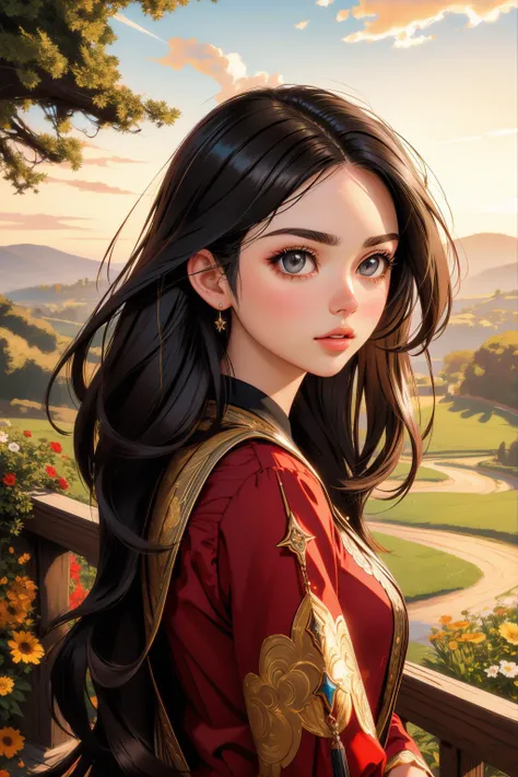 tv_Alexandra_MXAI, fantasy nature shot with, surreal, side-profile of a [lower class|Lush] Intense ("The Potion of Faith":1.3) , summer flower field with Maple tree, at Sunset, FOV 90 degrees, detailed, masterpiece, Manic, Modern European Ink Painting, Side lighting, F/2.8, Cinestill, (dark red and Gray:0.7) , full of deep yellow, "Footprints on the sands of time, a legacy of footsteps, marking our presence in the tapestry of history.", masterpiece, hyperdetailed, (by Ann Stookey:1.0) , scene