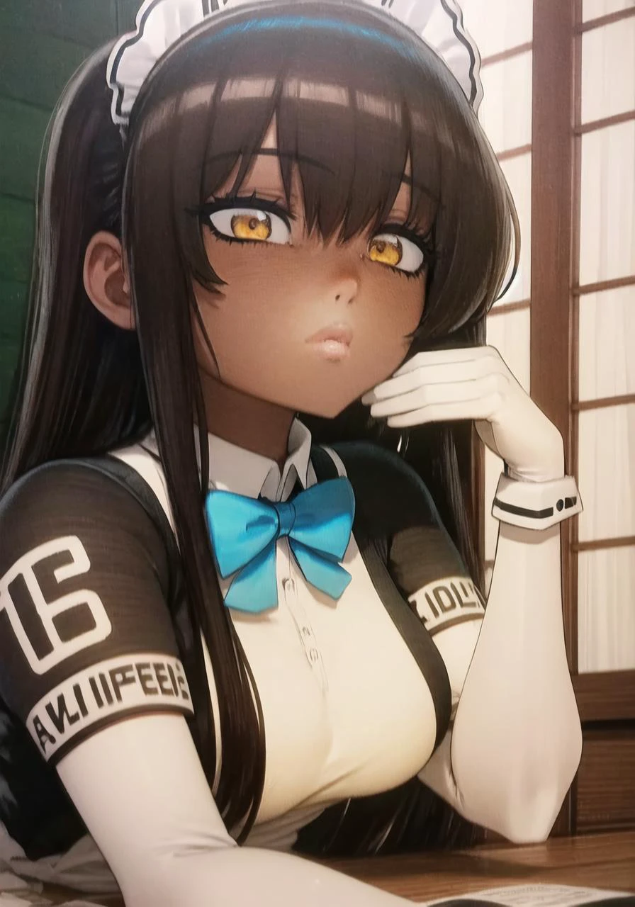 1girl, solo, black_dress, blue_bowtie, halo, karin_(blue_archive),maid,white_gloves, maid_headdress, puffy_short_sleeves, white_apron, white_pantyhose,maid_apron, pleated_dress, frilled_dress,very long hair,dark_skin, portrait, detailed background, indoors <lora:omardogan-20:1> <lora:Karin8V3:1>
