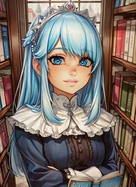 ((best quality)), ((highly detailed)), masterpiece, absurdres, extremely detailed face, beautiful face, (detailed eyes, deep eyes), <lora:more_details:.5>, (1girl), from above, bird's-eye view, crossed arms, girl next door, friendly, smiling, (inside, at a library, book shelves), <lora:omardogan:.95>