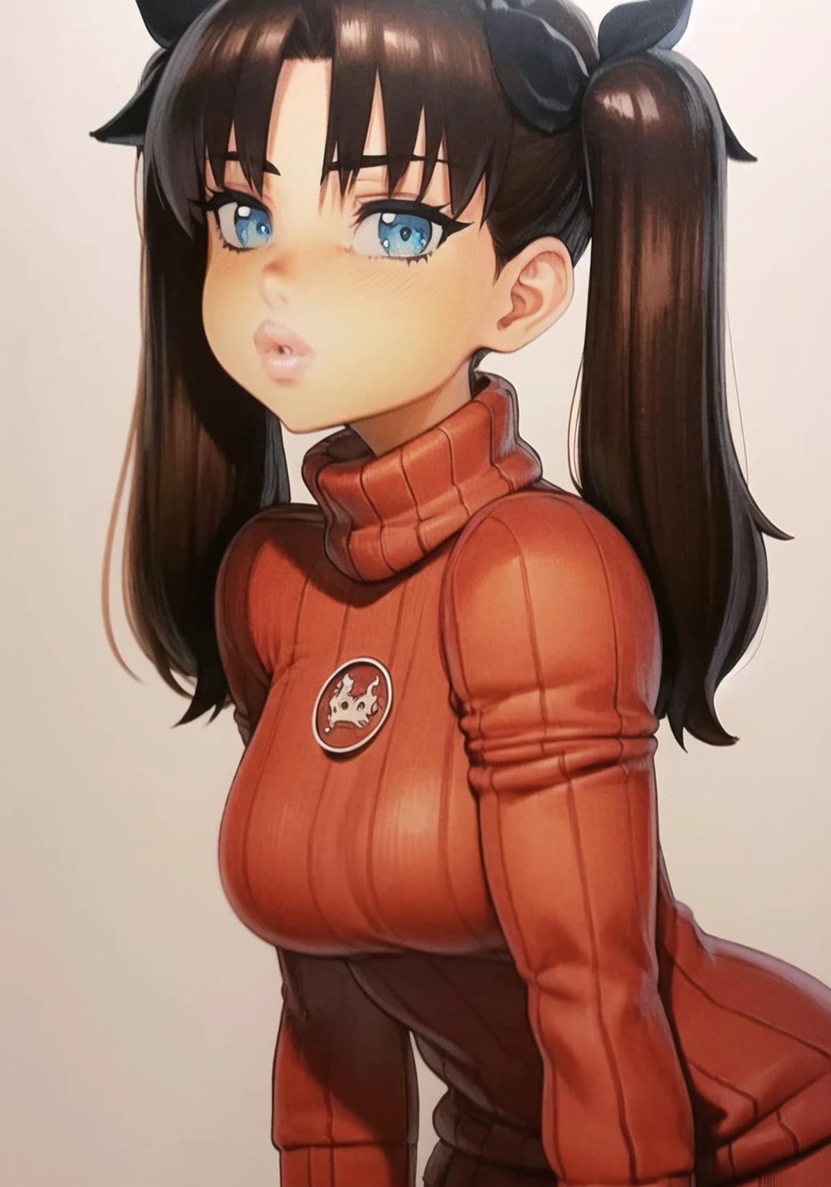 1girl, solo, long hair, breasts, looking at viewer, blue eyes, brown hair, black hair, ribbon, twintails, medium breasts, hair ribbon, sweater, two side up, lips, turtleneck, ribbed sweater, tohsaka rin <lora:omardogan-20:1>