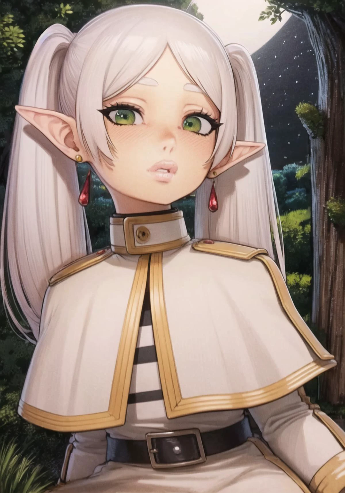 detailed background, outdoors, full moon, night, stars BREAK pointy ears, twintails, earrings, jewelry, long hair, looking at viewer, green eyes, parted bangs, bangs, long sleeves, elf, white hair, belt, dress, white dress, white capelet, parted lips, capelet, wide sleeves, blush, frieren <lora:frieren:1> <lora:omardogan-20:1>