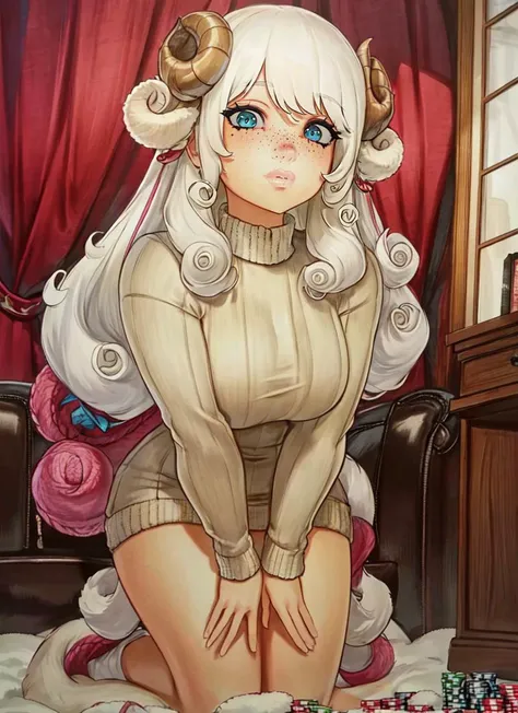 ((best quality)), ((highly detailed)), masterpiece, absurdres, detailed face, beautiful face, (detailed eyes, deep eyes), (1girl), full body, ((very wide shot)), (sheep girl), goat horns, ((Vanilla White hair:1.3)), (((curly hair))), ð, (freckles), sheep wool, wooly, fluffy, ((large breasts)), big sweater, (indoors, at a casino, (((multiple girls)))), <lora:omardogan:1>