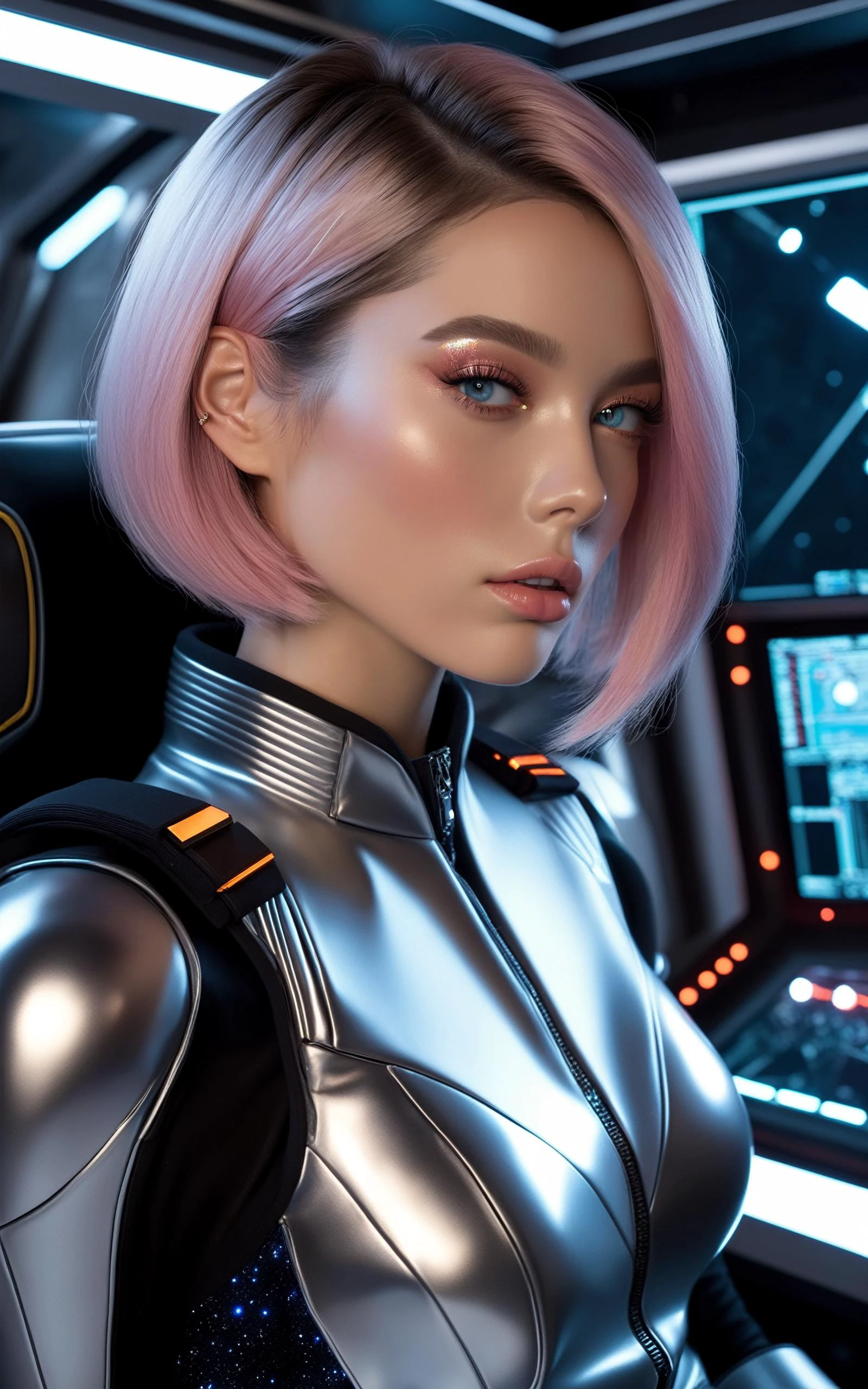 (over the shoulder:1.1), movie still,side view, spaceship cockpit, beautiful young skinny auburn caucasian adult woman sitting in spaceship cockpit looking over shoulder at viewer, glowing holographic instruments,(beautiful face:1.11),from behind, smart fabric jumpsuit:1.3,lightweight structured jacket with sharp geometric lines, utility belt, knee-high boots, fingerless gloves,(large spaceship cockpit with highly polished flooring and stellar view),backlit hair,perfect face,(pale freckles:0.6),(black and silver accents),perfect eyes,(studio lighting:0.3),low key, thin pouting lips,(white bob hair, ombre++ hair:1.2),wide set soft+ turquoise++ eyes, skin pores,(small retrousse nose:1.2), (pale skin),ultra detailed,(Intricate Environment)++,best quality, masterpiece, dramatic angle, highest detailed face,eyelid shimmer makeup,silver eyeshadow,iridescent cheekbones,muted rose lips,deep space blue, BREAK, starlight silver, nebula pink, and black hole black, planetary rings, asteroid clusters, geometric shapes, angular contours,Holographic control panels, chiaroscuro effects, reflective surfaces, star-filled skies, distant galaxies,Chrome finishes, brushed steel, shimmering surfaces, iridescent materials, Minimalist design, clean lines, modernistic details,8k,best quality,masterpiece,(large breasts:0.9)